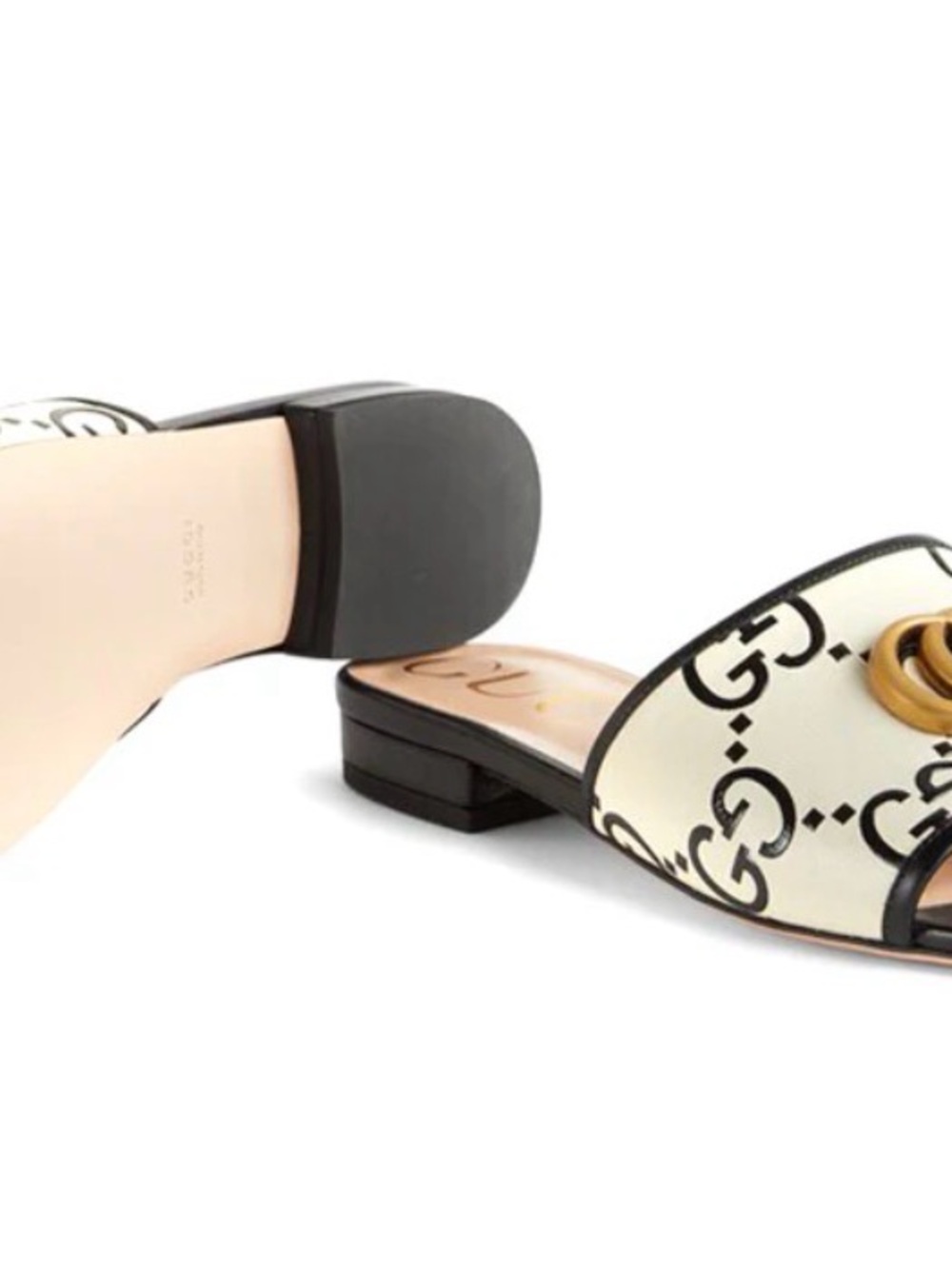 Gucci Cream & Black GG Logo Leather Slide Mules with Gold Double G - Picture 5 of 17